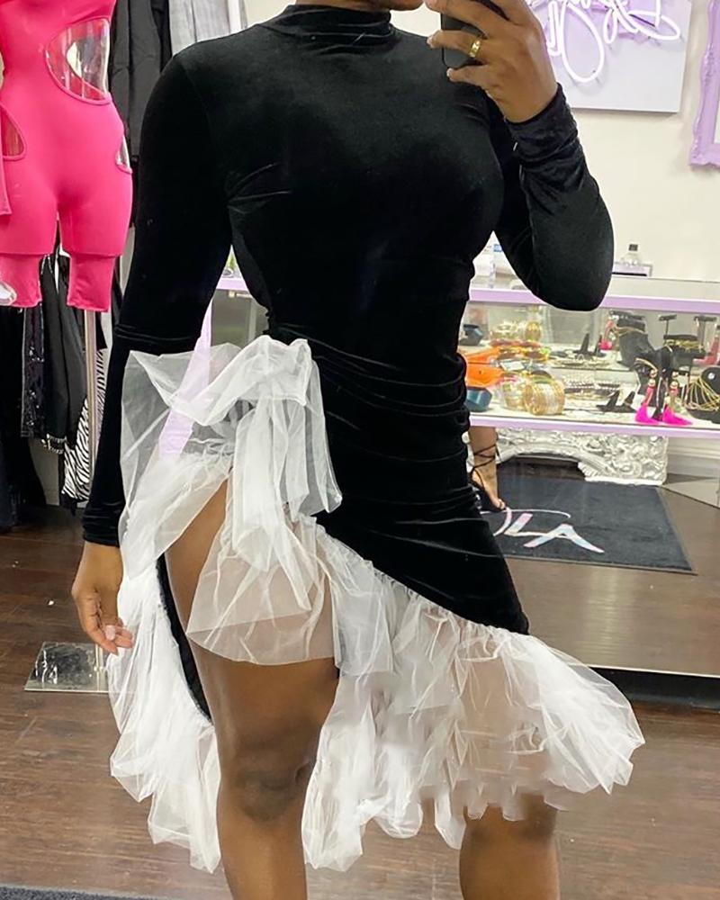 

Velvet Sheer Mesh Hem Insert Long Sleeve Dress, Black