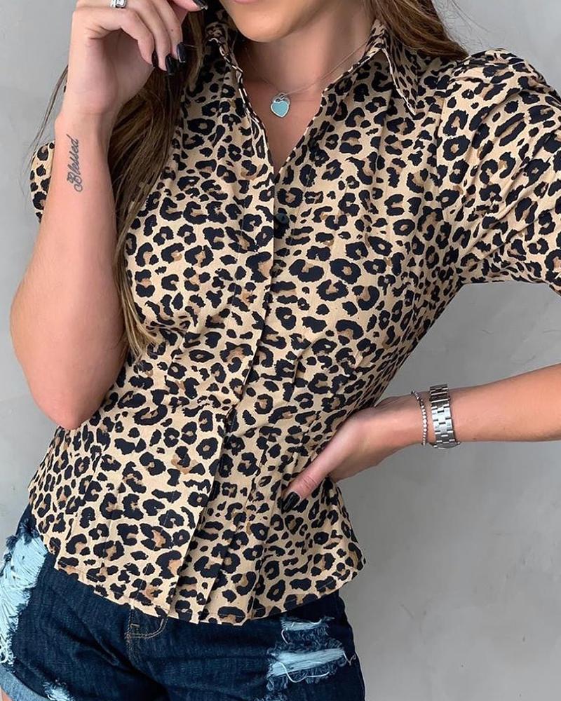 

Leopard Print Button Design Casual Blouse