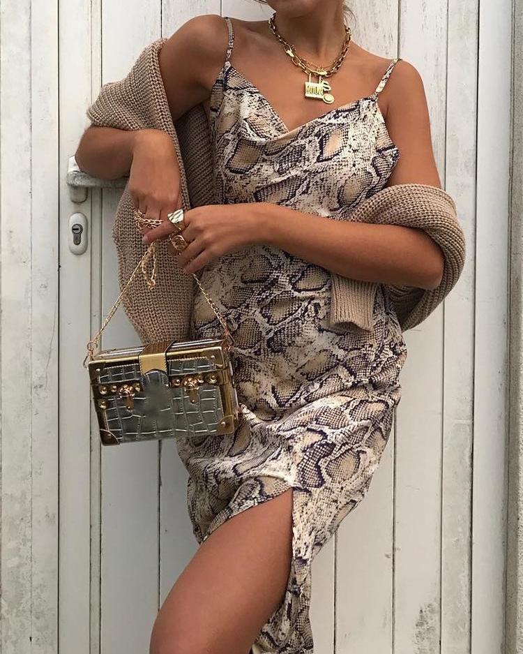 

Snakeskin Print Cowl Neck Slit Cami Dress