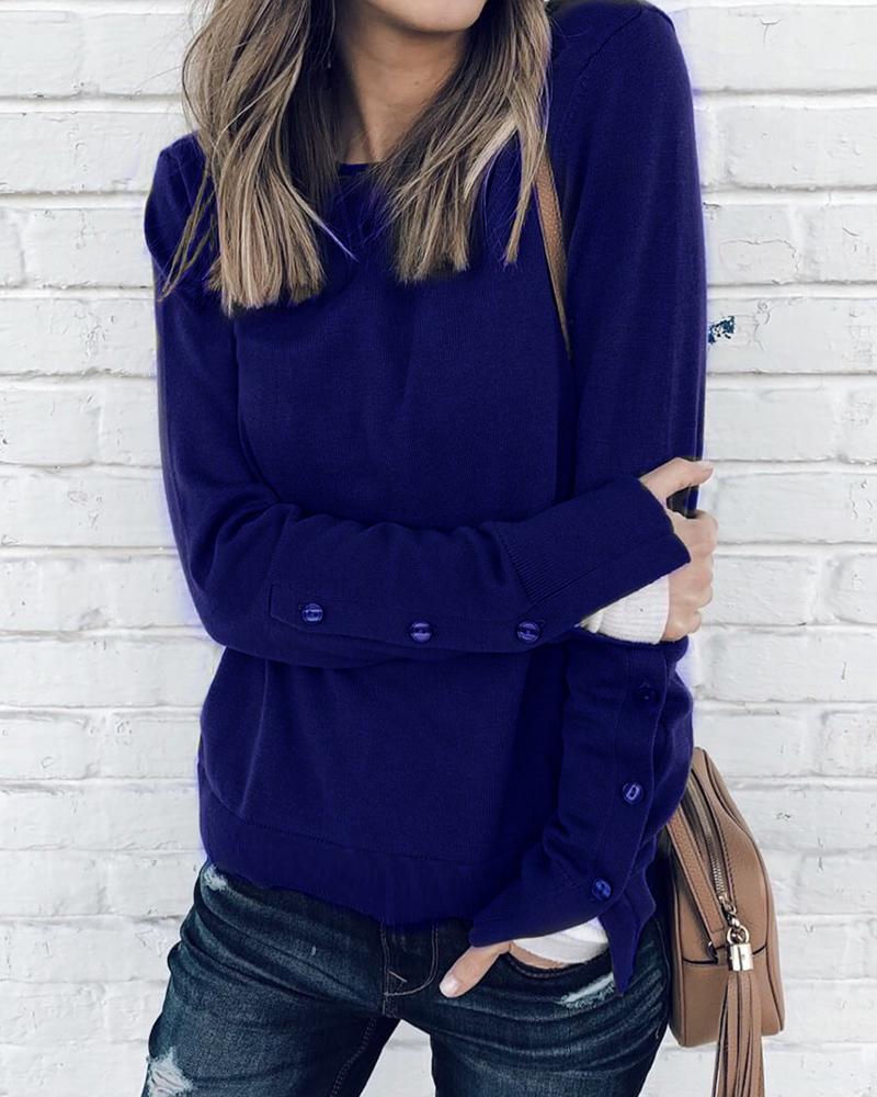 

Solid Round Neck Slit Cuff Buttoned Sweatshirt, Blue