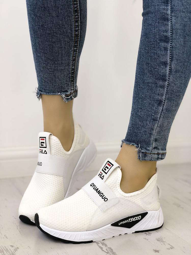 

Solid Letter Print Breathable Sport Sneakers, White