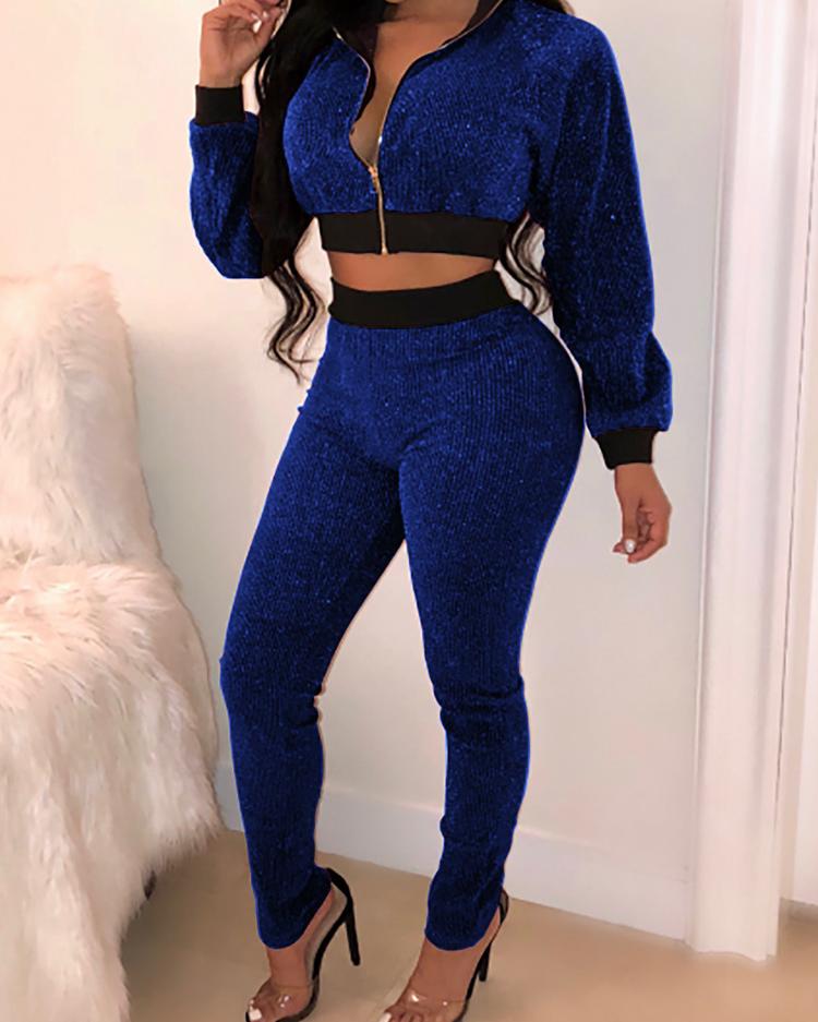 

Shiny Sequins Zipper Crop Jacket & Pant Sets, Blue