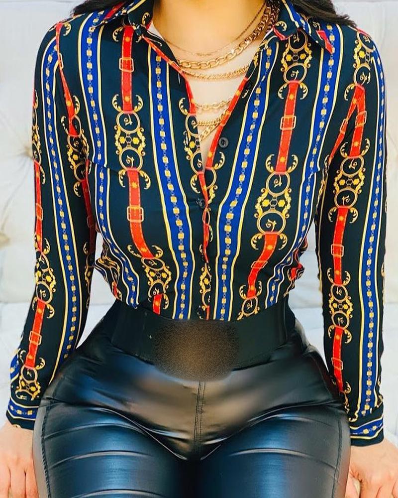 

Scarf Print Long Sleeve Shirt, Purplish blue