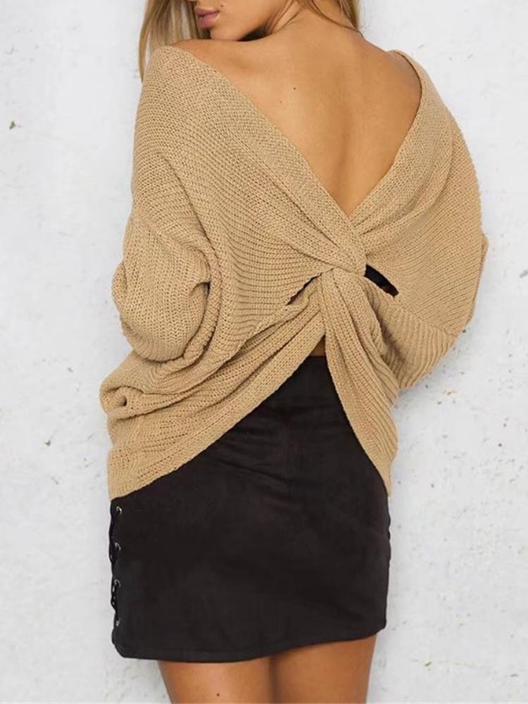 

Knitted Reversible Twisted Double V Loose Sweater - Yellow