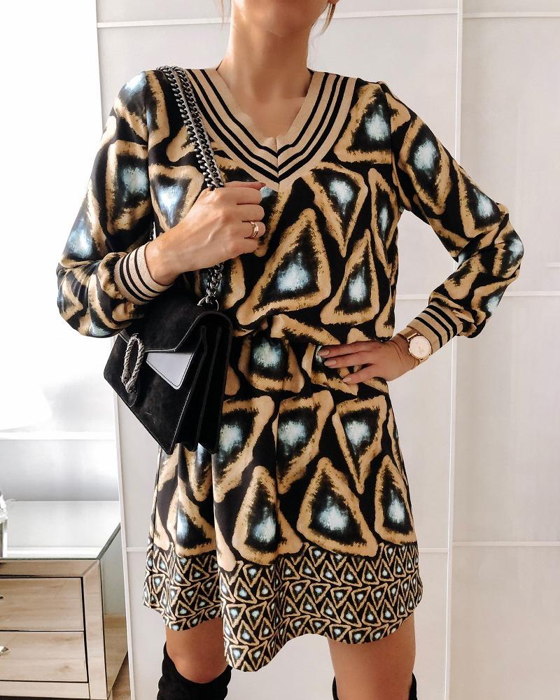 

Random Geo Print Long Sleeve Casual Dress, Dark yellow