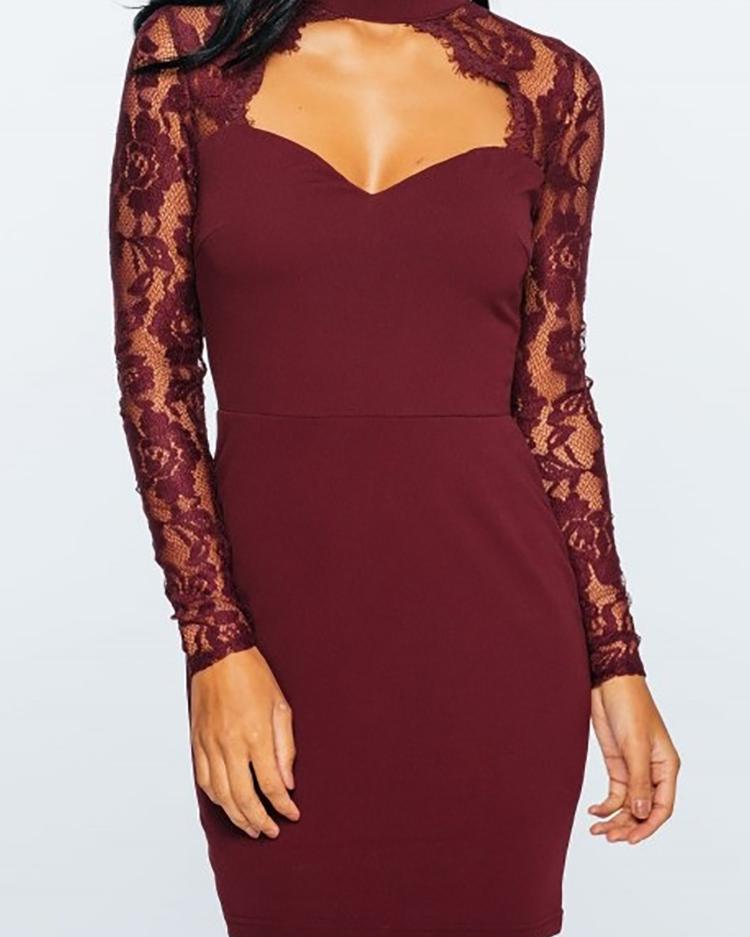

Lace Splicing Cutout Front Back Zipper Bodycon Dress, Wine red