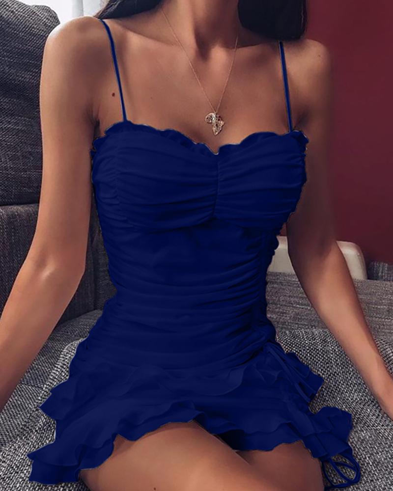 

Layered Ruffles Drawstring Frill Hem Mini Dress, Dark blue