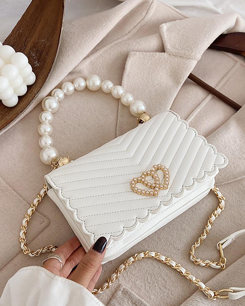 

Baisc Chevron Heart Pattern Beaded Chain Satchel Bag, White