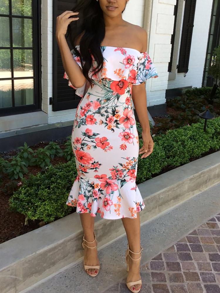 

Trendy Off Shoulder Ruffled Hem Bodycon Midi Dress, White