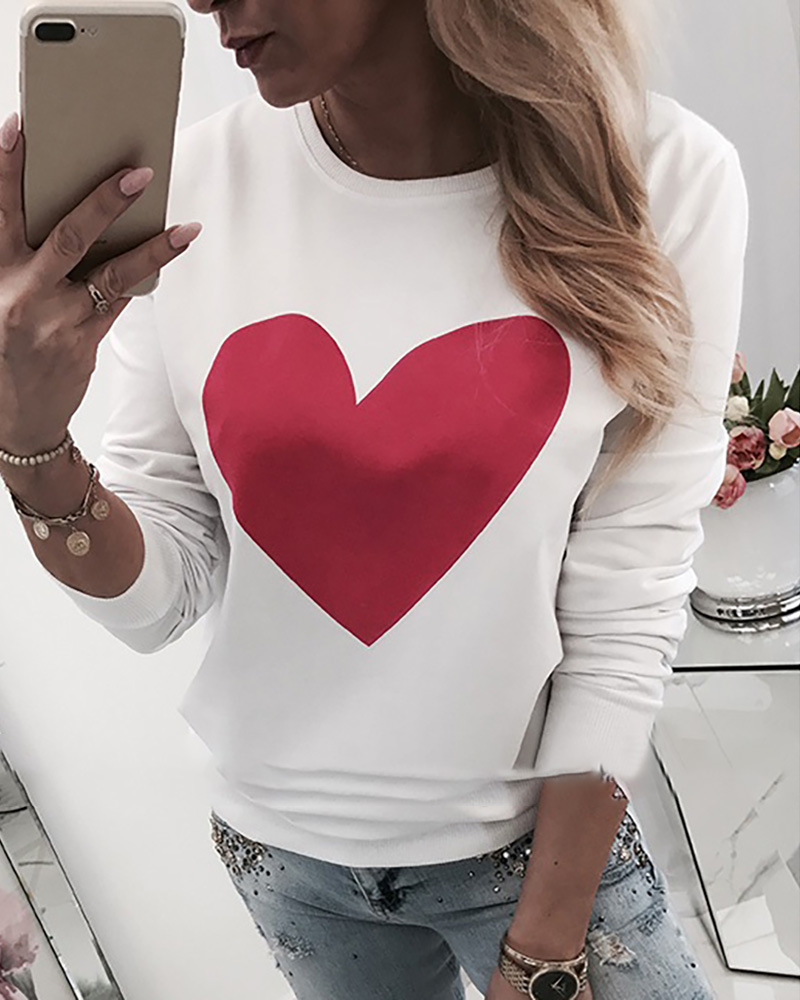 

Heart Pattern Round Neck Long Sleeve Casual Sweatshirt, White