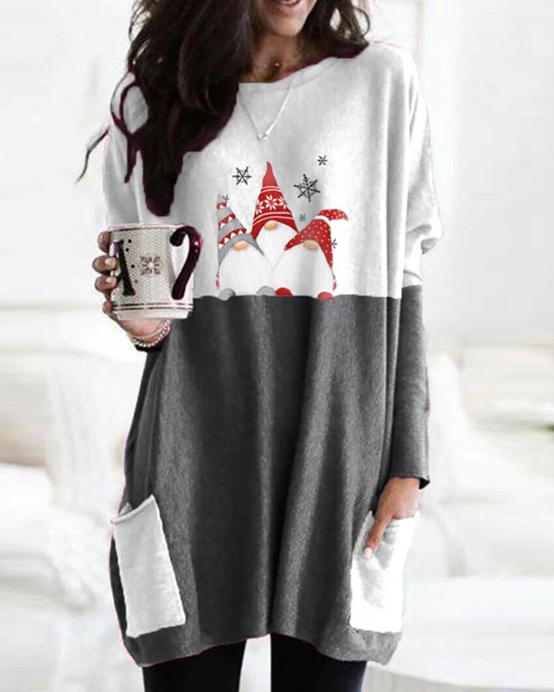 

Santa Print Colorblock Pocket Design Casual Sweatshirt, Dark grey