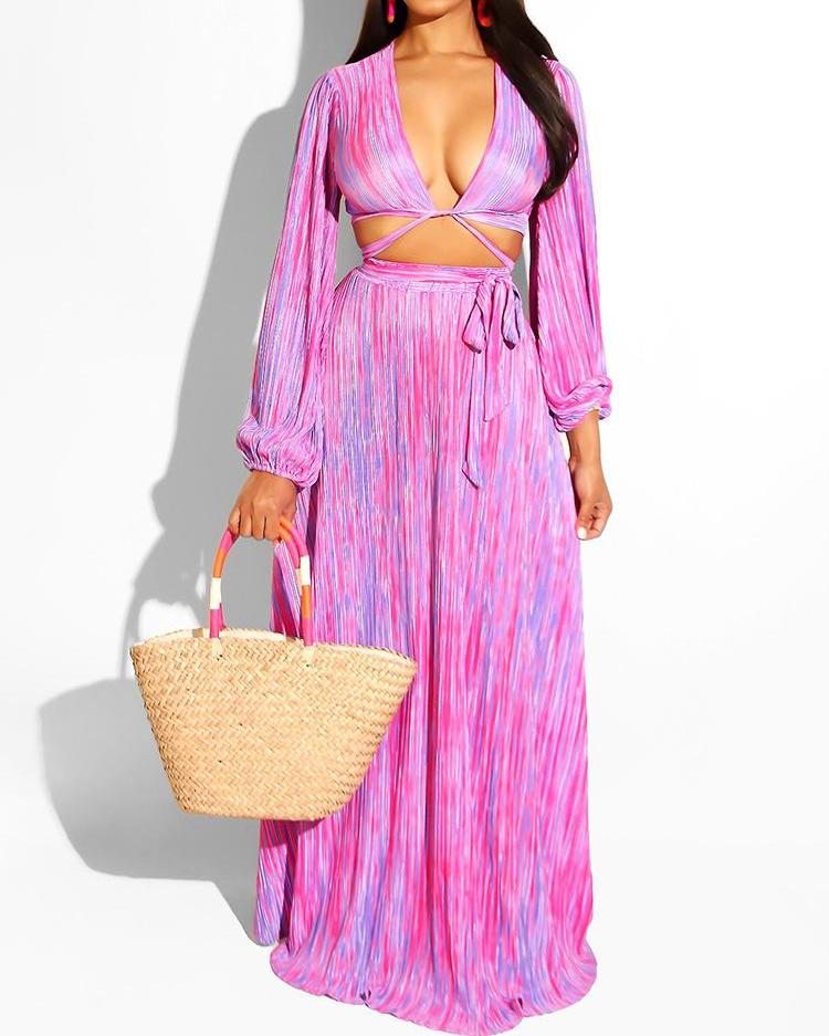 

Long Sleeve Plunge Top & Maxi Skirt Set, Pink