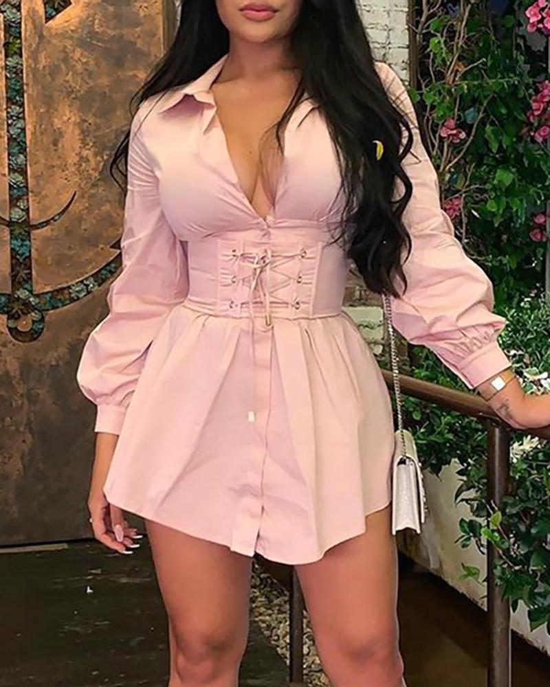 

Solid Lace-Up Tight Waist Buttoned Shirt Dress, Pink