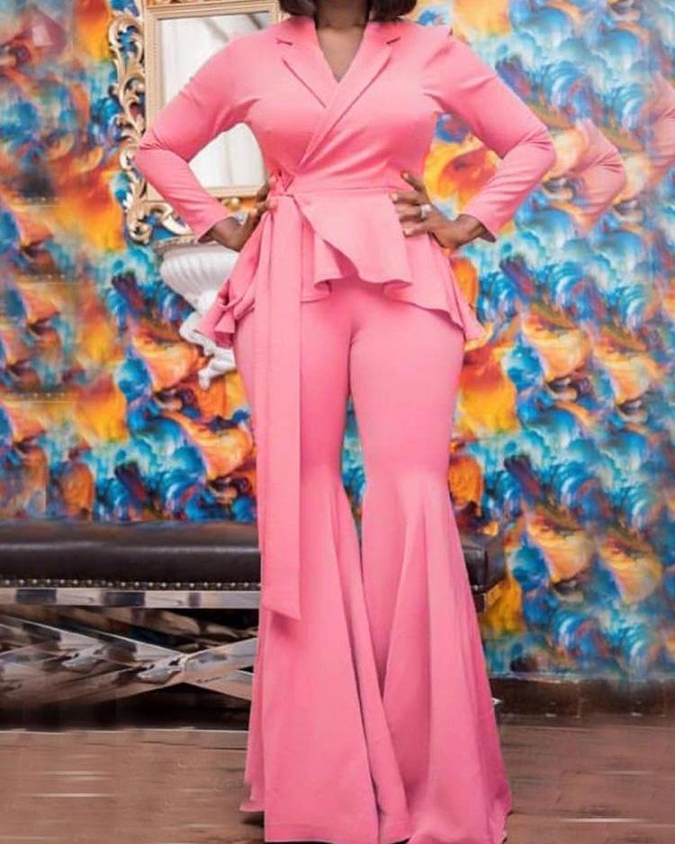

Ruffles Design Blazer & Flared Pants Sets, Pink