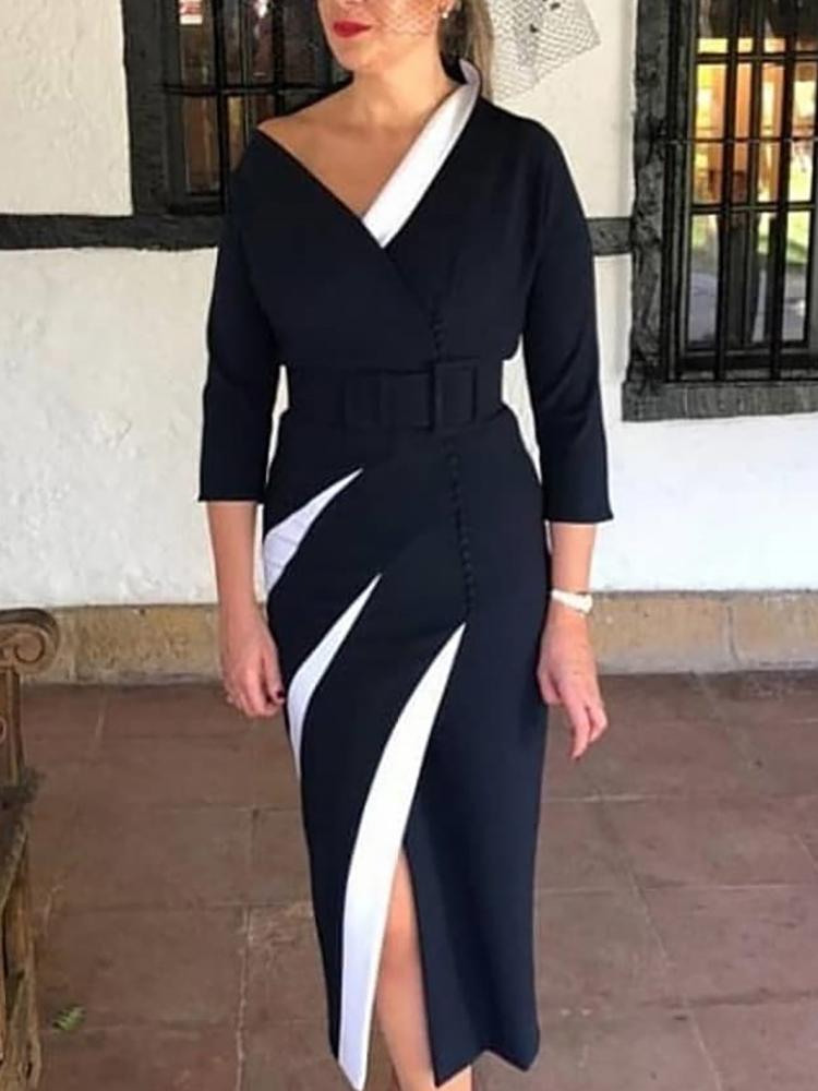 

Color Blocking Slit Dress With Belt, Black