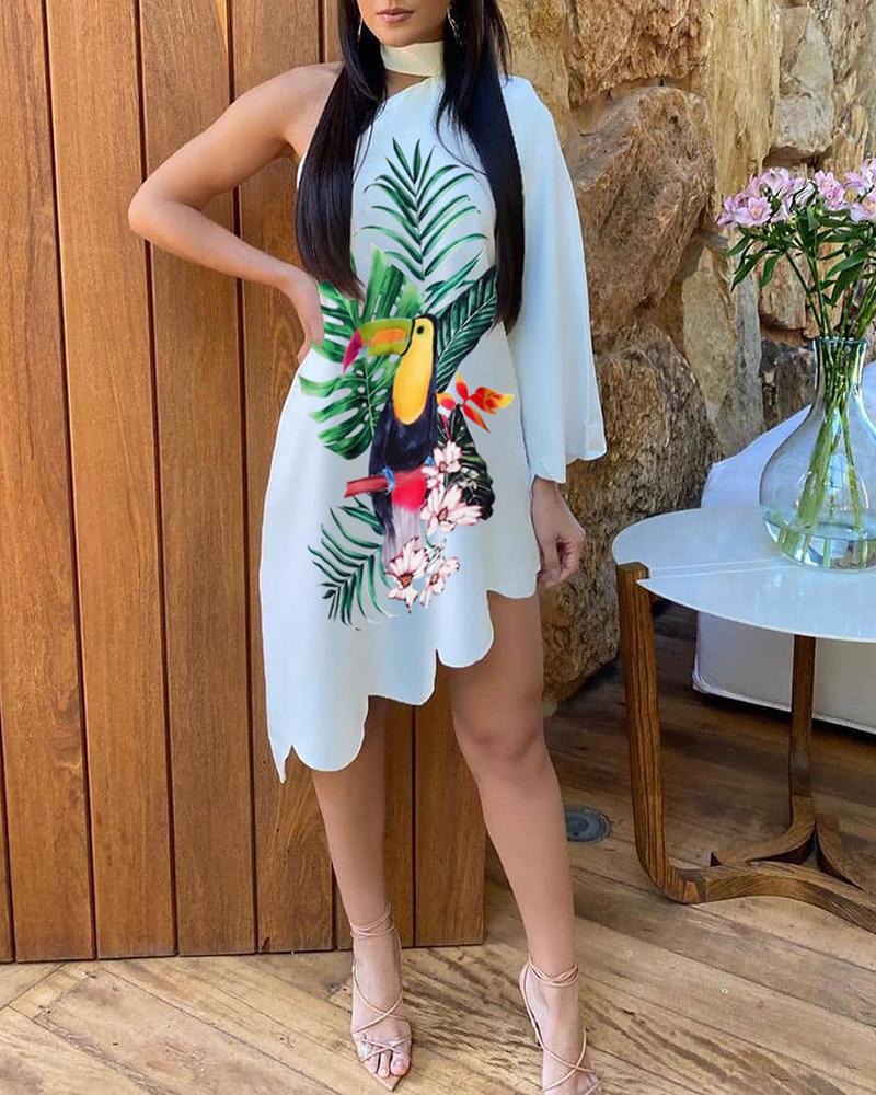

Bird Plant Print One Shoulder Irregular Dress, White