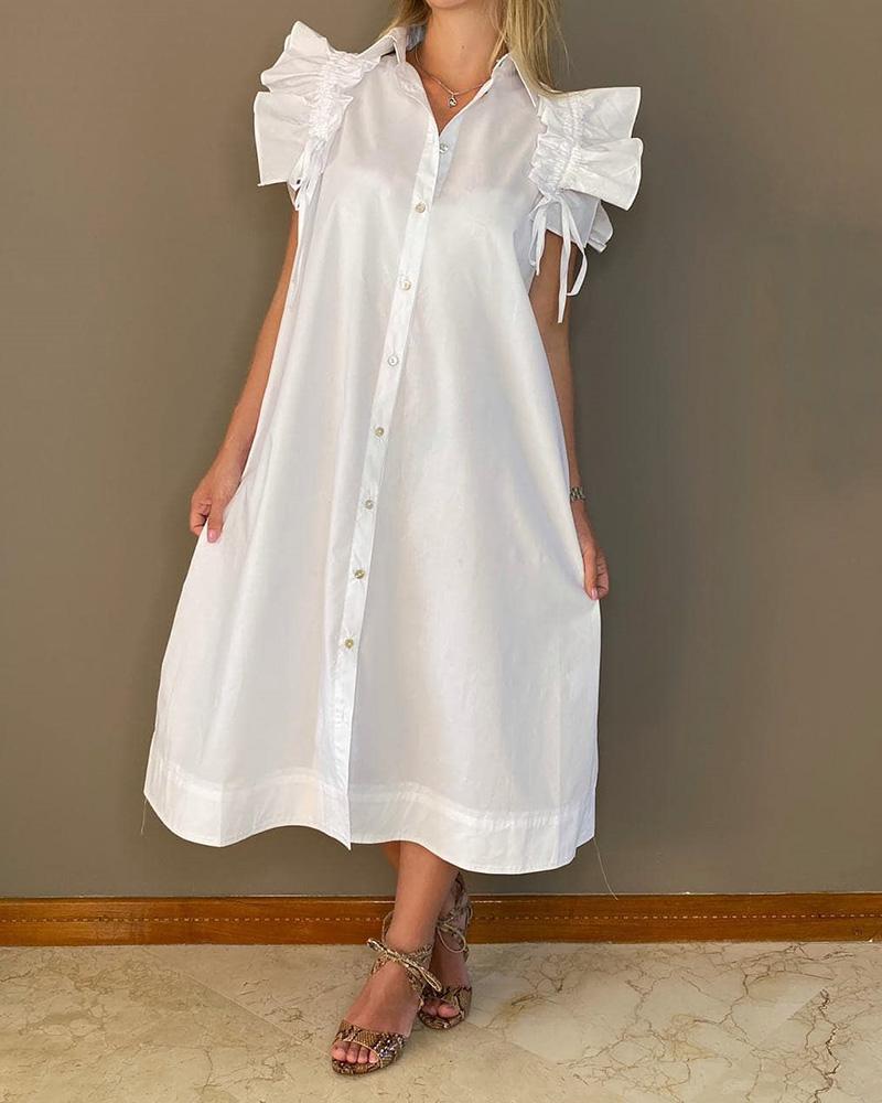 

Button Through Ruffles Flutter Sleeve Casual Dress, White