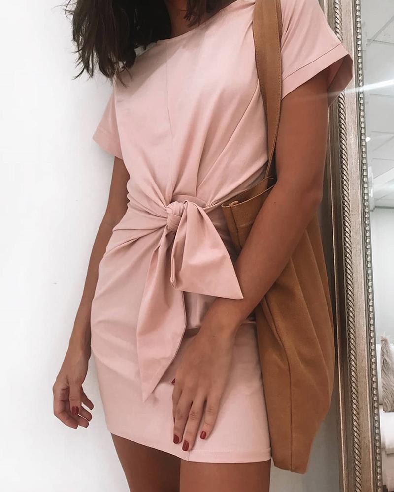 

Solid Short Sleeve Knotted Dress, Pink