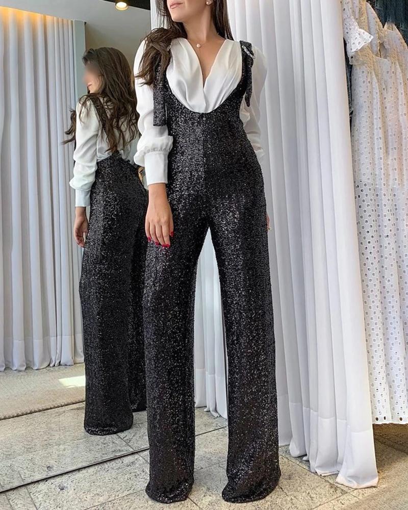 

Glitter Sequin V-Neck Suspender Jumpsuit, Black