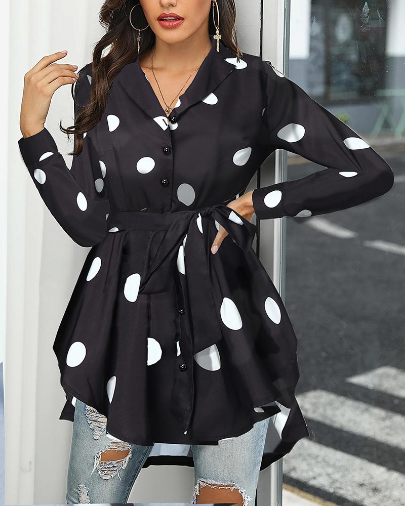 

Dot Print Ruffles Dip Hem Blouse, Black&white