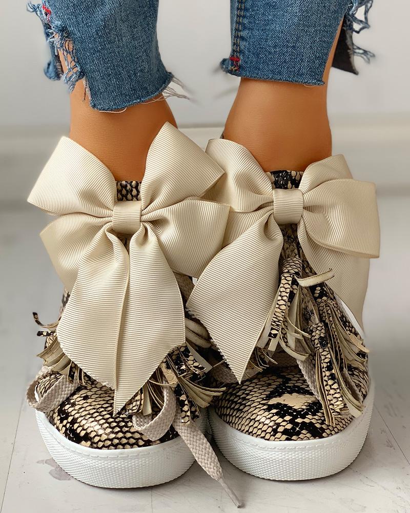 

Snakeskin Print Bowknot Tassel Sneakers, Apricot