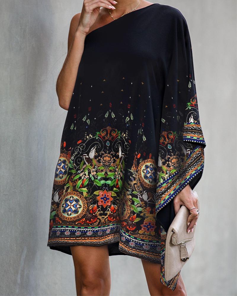 

One Shoulder Retro Print Casual Dress, Multicolor