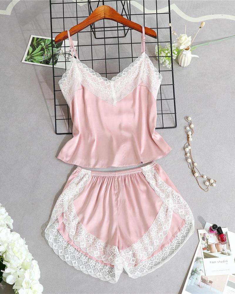 

V-neck Lace Trim Cami Sets, Light pink