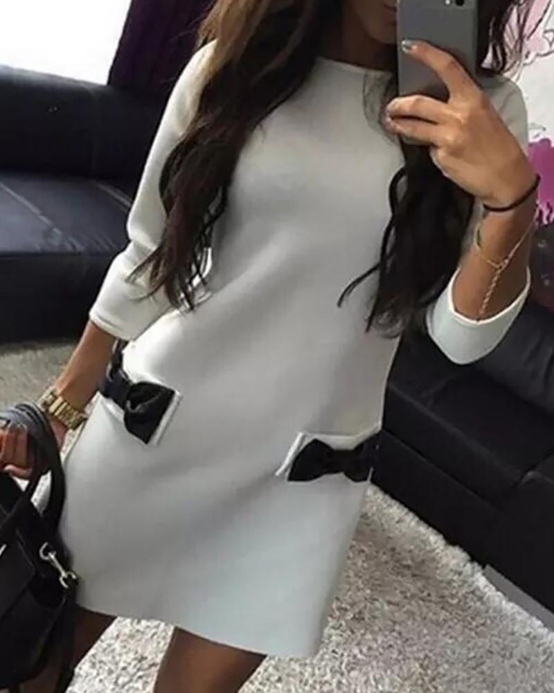 

Colorblock Round Neck Bowknot Pattern Dress, White