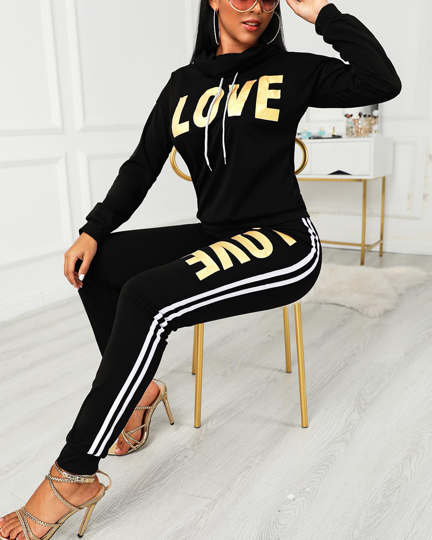 

Letter Print Heap Neck Top & Striped Tape Pants Set, Black