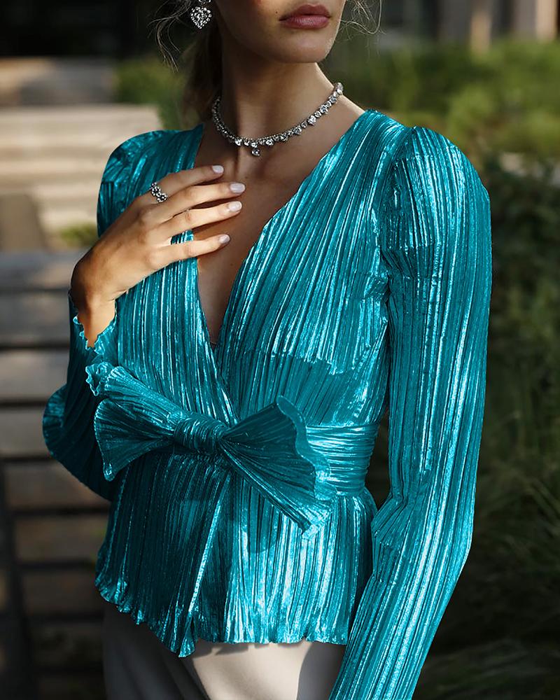 

Solid V Neck Bowknot Design Blouse, Blue