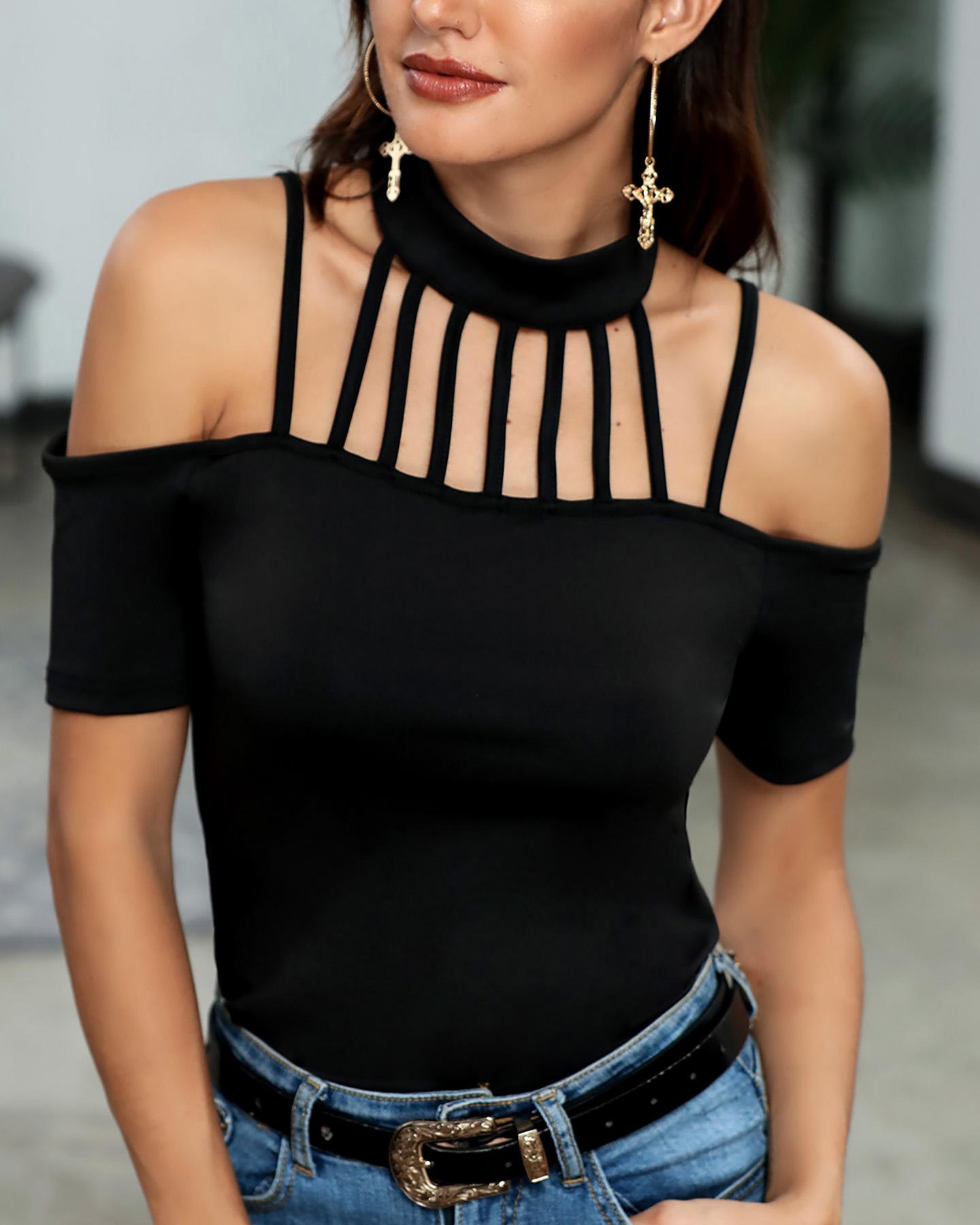 

Cold Shoulder Multi-Strap Blouse, Black