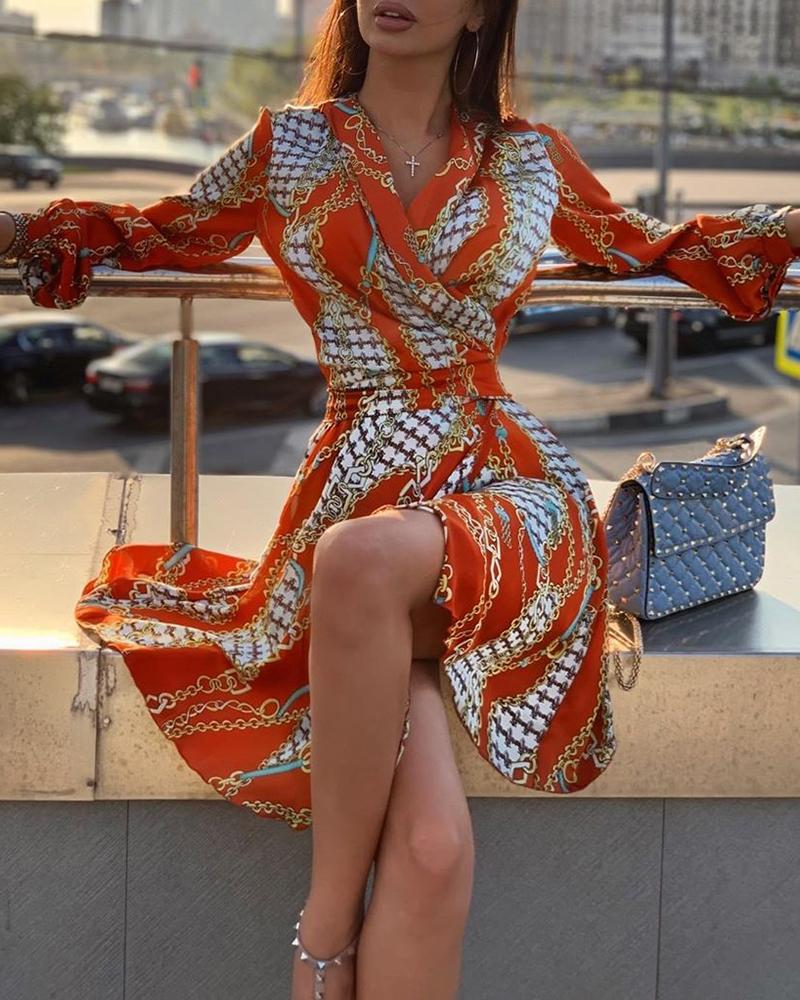 

Long Sleeve Chain Print Casual Dress, Orange