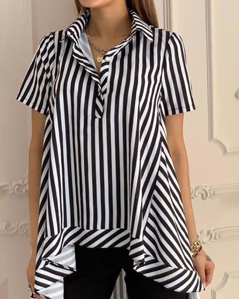 

Asymmetry Striped Short Sleeve Shirt, Black