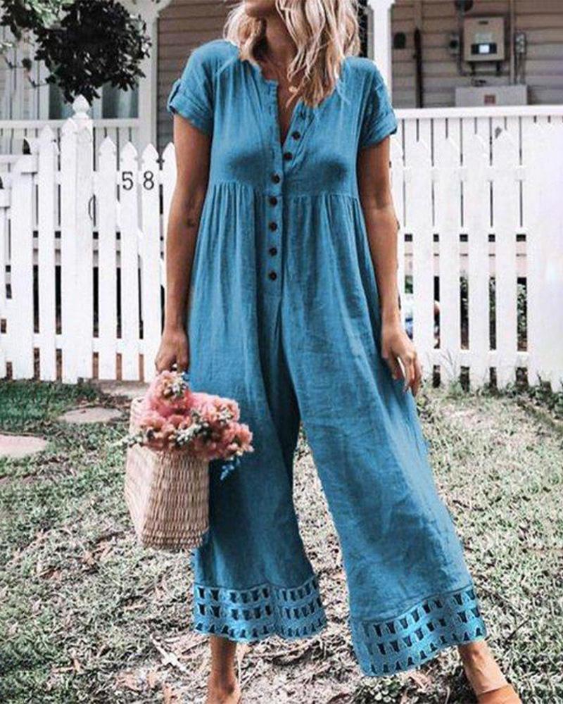 

Button Design Hollow Out Wide Leg Jumpsuit, Blue