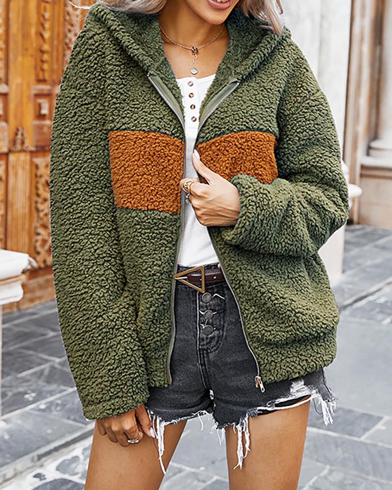 

Colorblock Long Sleeve Hooded Teddy Coat, Green