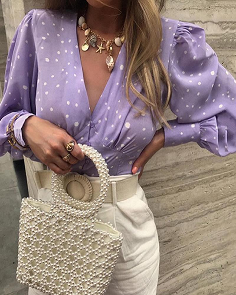 

V-neck Polka Dot Lantern Sleeve Casual Blouse