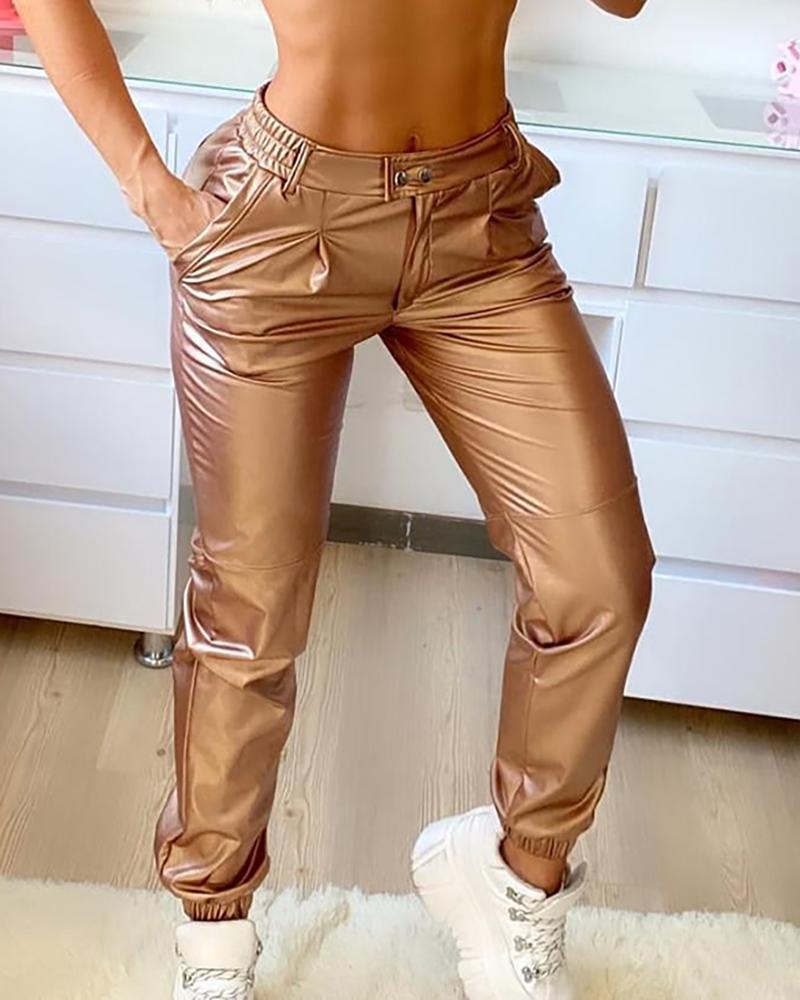 

Plain Pocket Design Ruched Pants, Gold