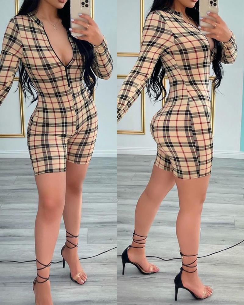 

Zipper Front Long Sleeve Plaid Romper, Khaki