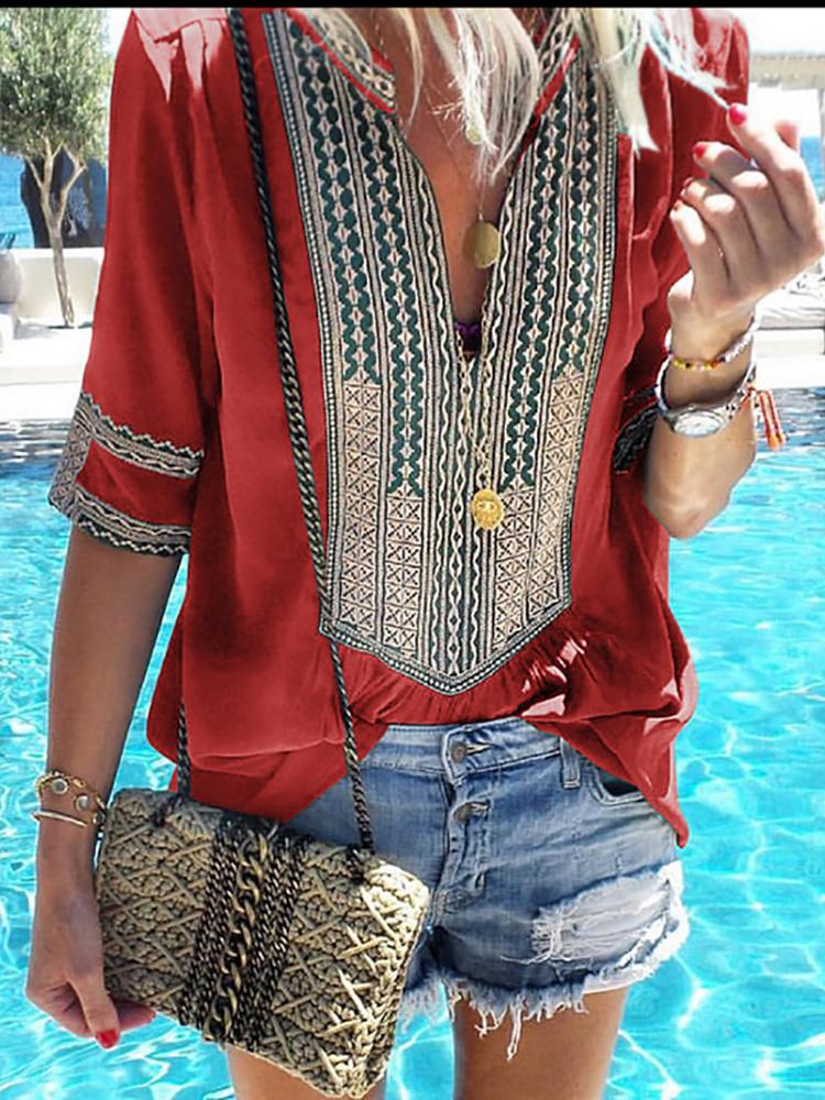 

Ethnic Print Splicing V-Neck Casual Blouse