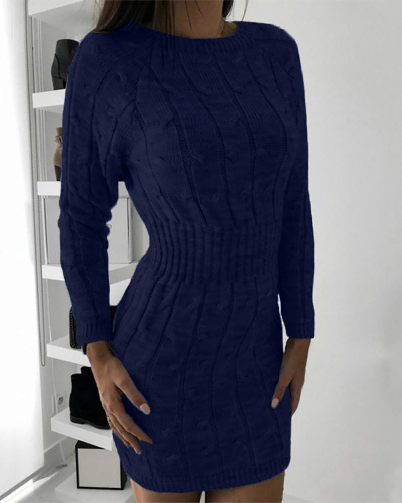

Solid Long Sleeve Tight Waist Sweater Dress, Dark blue