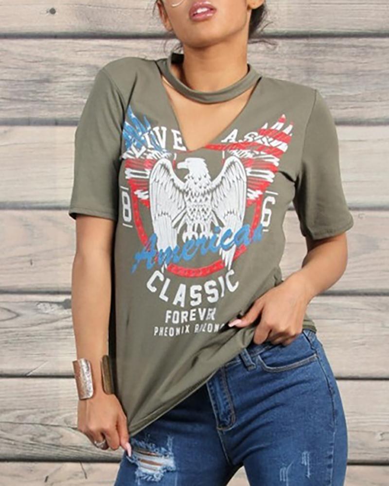 

Print Short Sleeve Cut Out T-shirt, Army green