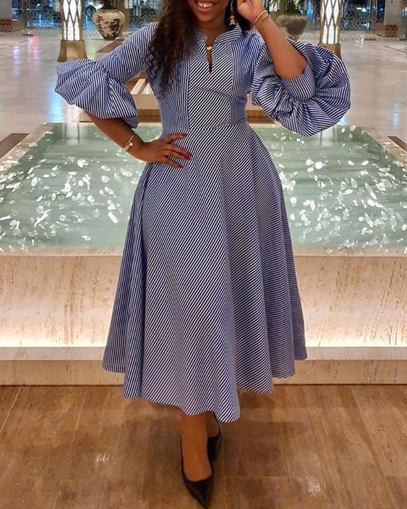 

V-Cut Pinstripes Lantern Sleeve Ruffles Dress, Blue