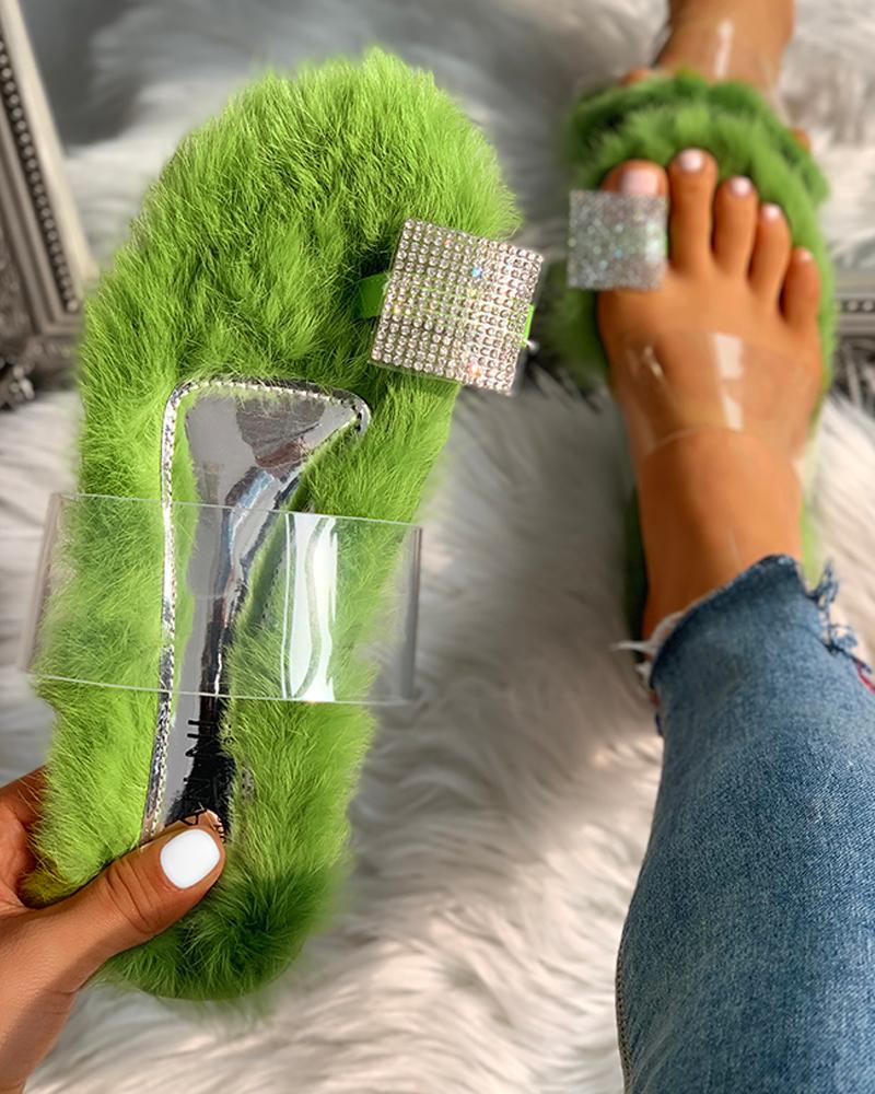 

Fluffy Studded Transparent Flat Shoes, Green