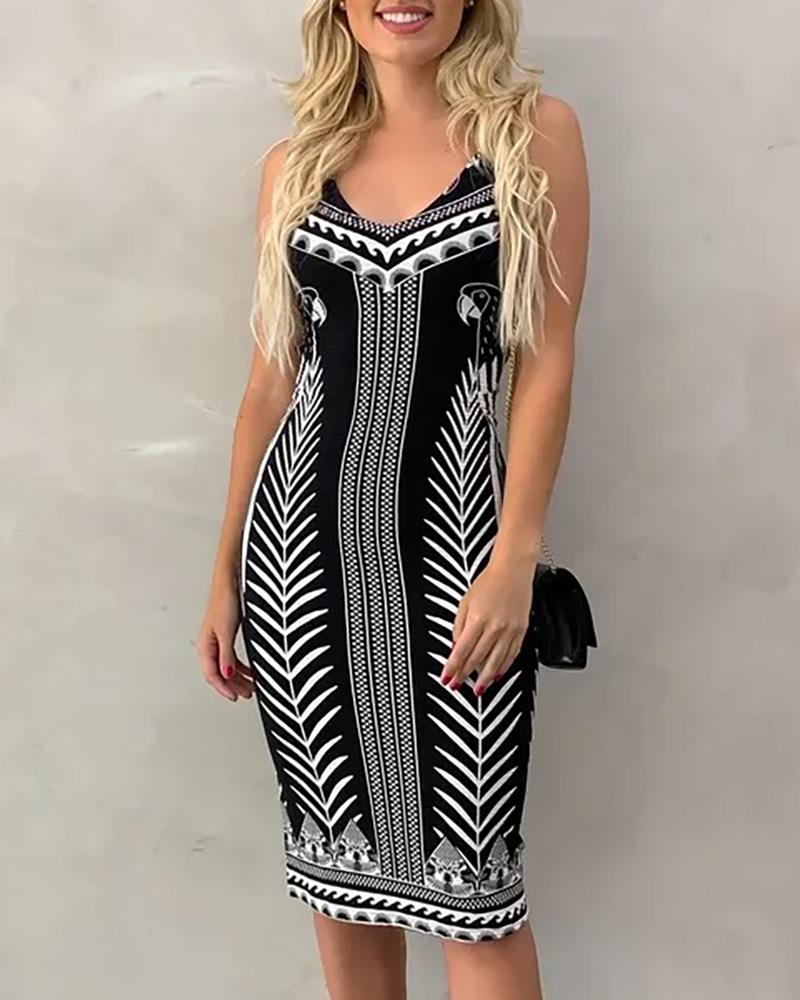 

Spaghetti Strap Print Backless Dress, Black