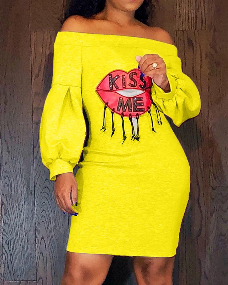 

Kiss Me Lip Pattern Off Shoulder Dress, Yellow