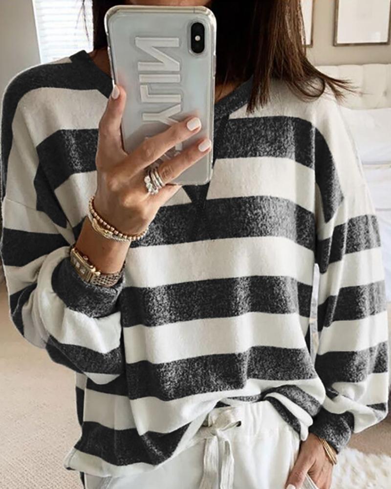 

Round Neck Striped Casual Long Sleeve T-shirt, Black