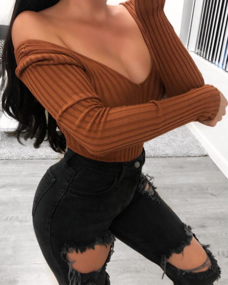 

Solid Double V-Neck Long Sleeve Bodysuit, Brown