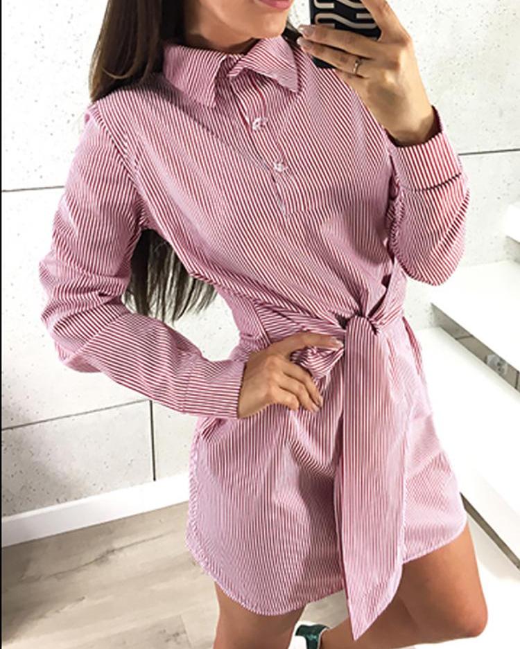 

Pinstripes Long Sleeve Tie Waist Shirt Dress, Red