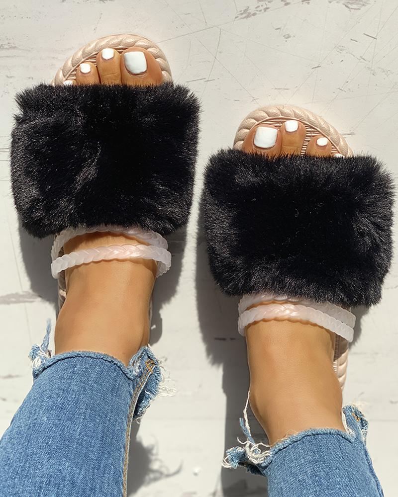 

Peep Toe Fluffy Flip Flops, Black