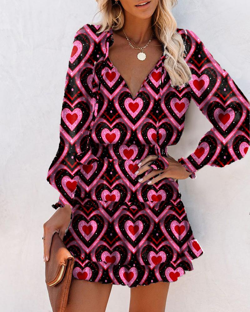 

Heart Print Skinny Waist Long Sleeve Mini Dress, Pink